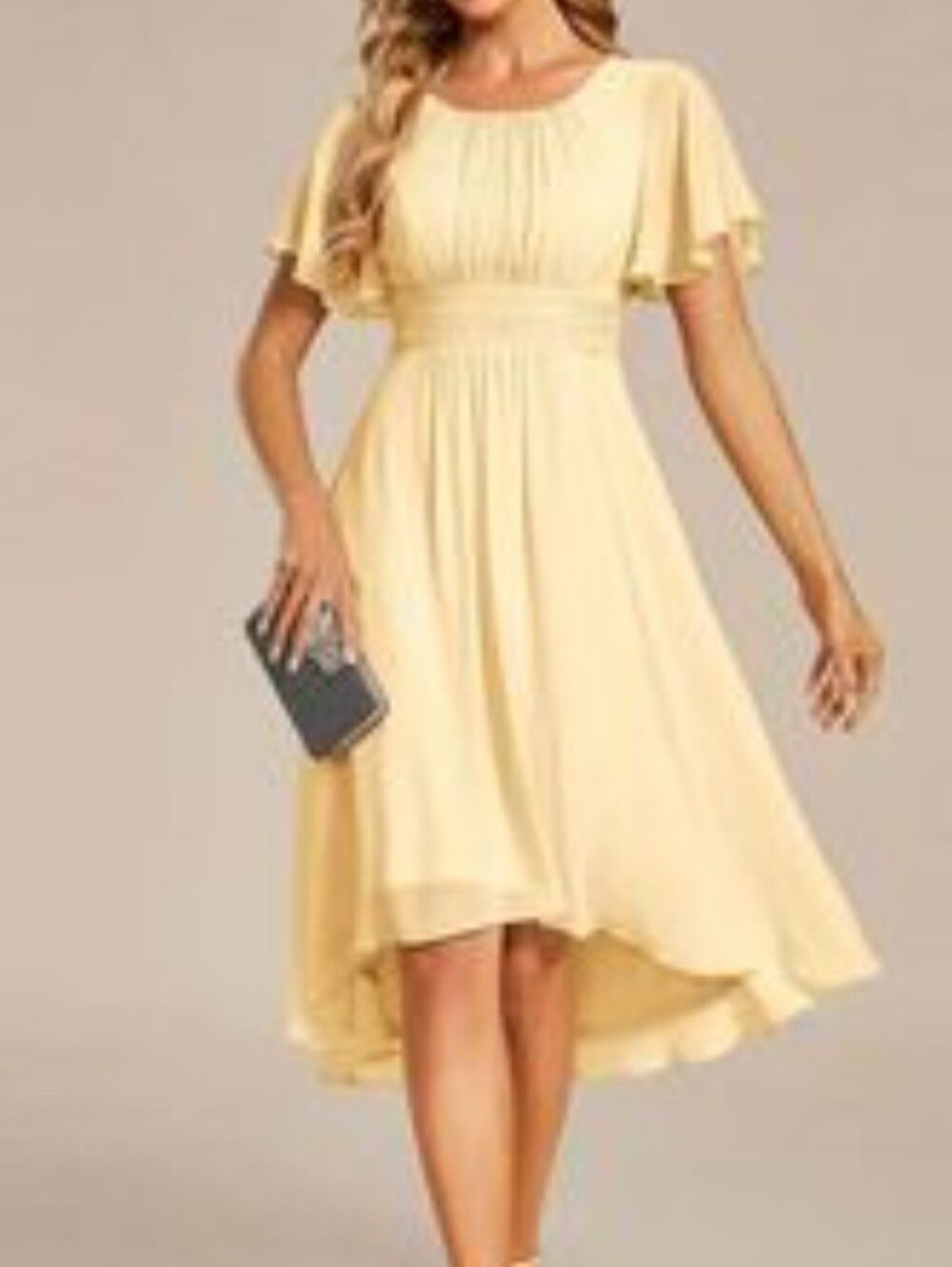 Ever Pretty Pale Yellow Flutter-Sleeve Midi Dress